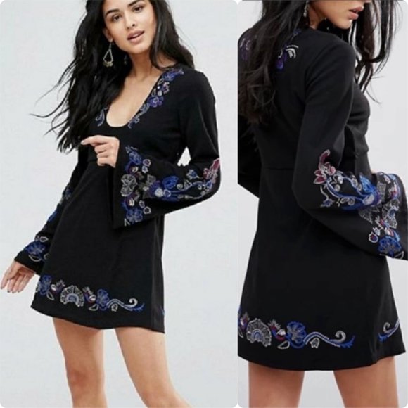 Free People Dresses & Skirts - Free People Holiday Folk Mini Dress, sz 12, NWT, Black, Embroidered, Bell Sleeve